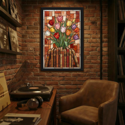 Plantes et fleurs, tulipes dans des livres, vitrail
