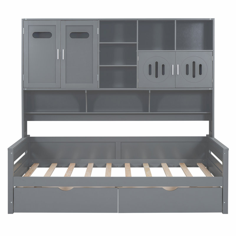 2 Drawers Daybed With Bookcase And Cabinet, Gray, Twin