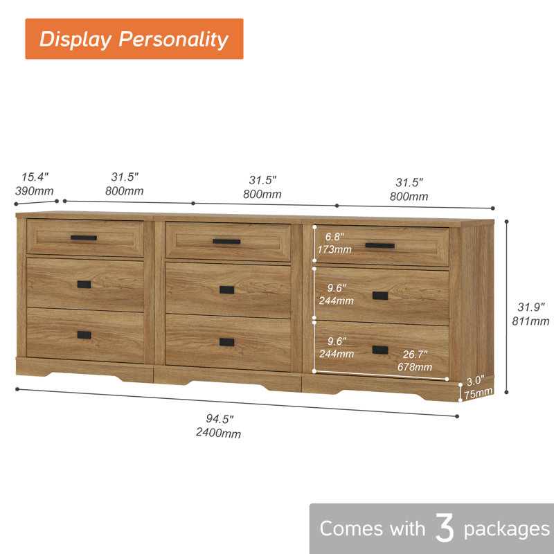 Laziza  Farmhouse 9 Drawers Dresser For Bedroom,94 Inch 3 In 1 Dresser With Small Chest Of Drawers,Mid Century Modern Wooden Closet Storage Organizer For Living Room, Hallway