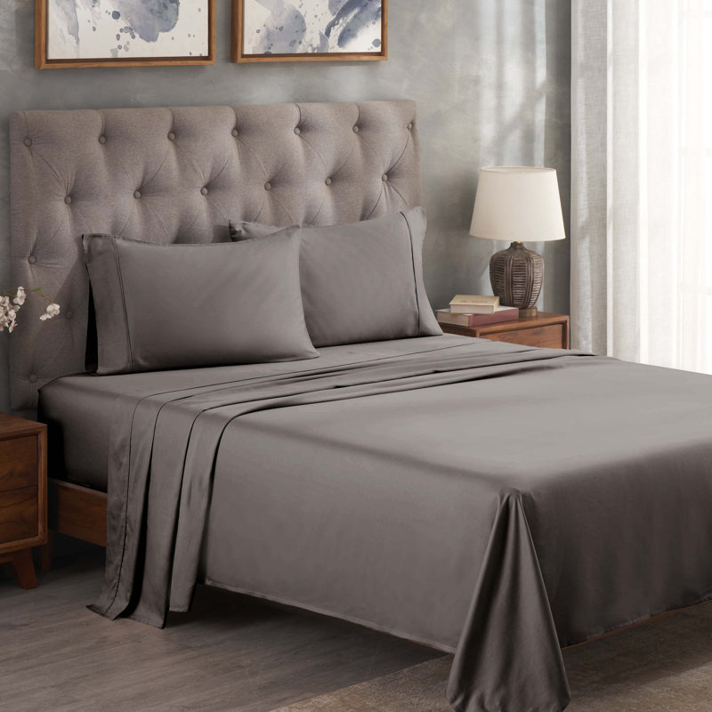 Ensemble de draps unis à poche profonde en mélange de coton égyptien certifié à densité de tissage de 300 fils, Gris