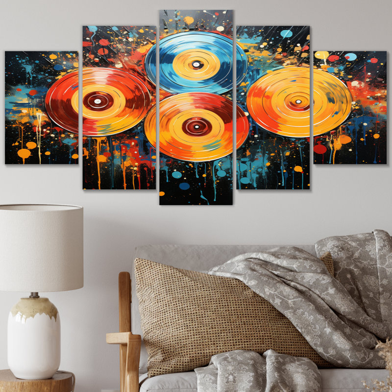 Disque vinyle rétro Groove I - décoration murale musique - 5 panneaux