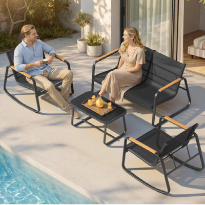 Outdoor Rocking Chair Set, 4-Piece Conversation Patio Furniture With Table, Steel Frame, Armrests, Black