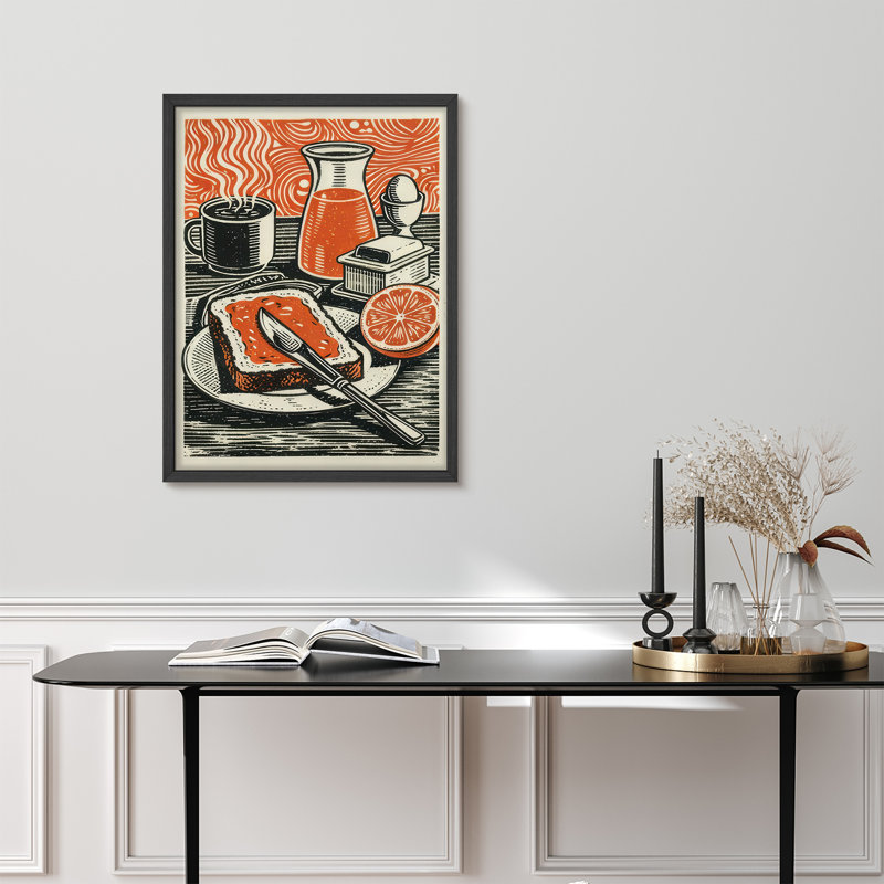 Retro Breakfast Still Life Framed Wall Art Prints - Coffee Toast Kitchen Dining Room, Noir, H 16 po x l 12 po