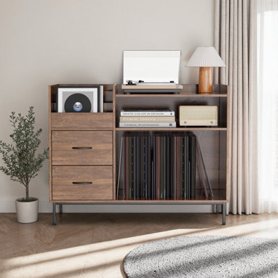 Turntable Stand With Flip-down Lid & Built-in Outlet – Vinyl Record Storage For 300+ Albums, Media Console With 2 Drawers