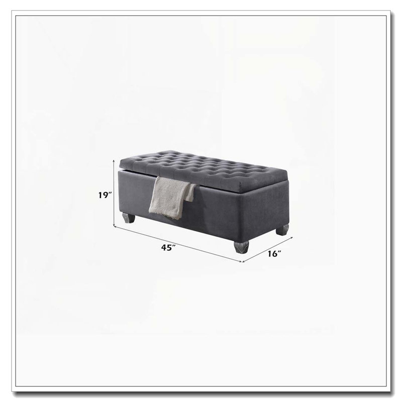 Gray Velvet Storage Bench with Button Tufting
