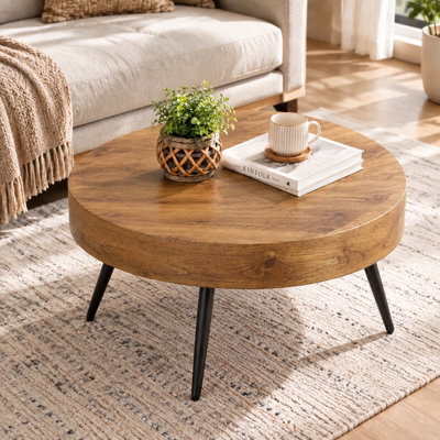 Table basse ronde en bois de style moderne du milieu du siècle, 31,5 pouces, avec pieds en épingle à cheveux en métal