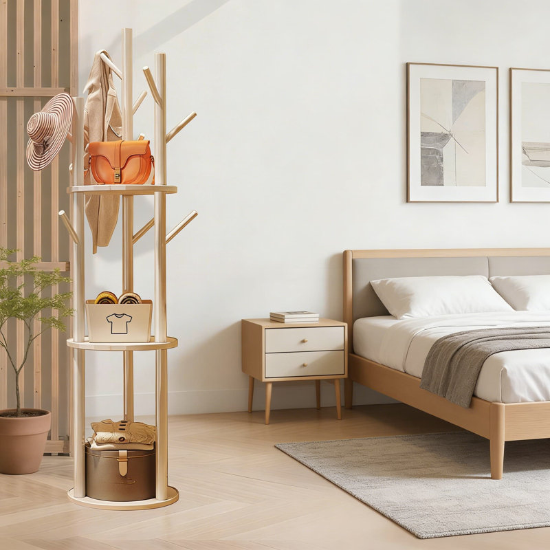 Freestanding Wood Coat Rack With 3 Shelves & 9 Hooks, Space-Saving Clothes Hanger Tree For Bedroom, Hallway, Entryway, And Office Organization