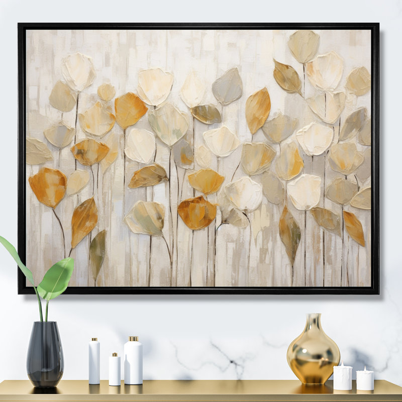 «Beige Botanical Impressions II - Abstract Botanicals», art mural, Reproduction avec cadre flottant, H 12 po x l 20 po, Noir