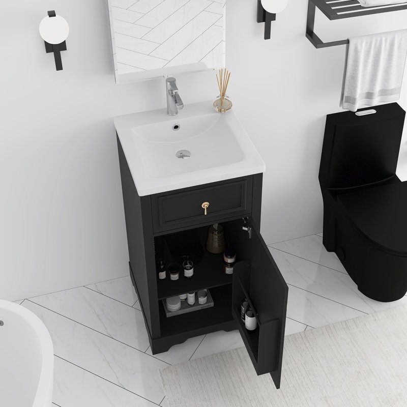 Meuble-lavabo autoportant de 20 po avec plateau en céramique intégré, Noir, noir, noir, noir, Doré