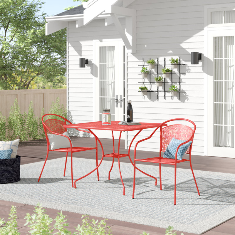 Ledoux 35.5'' Square Indoor-Outdoor Steel Patio Table Set with 2 Round Back Chairs, Coral