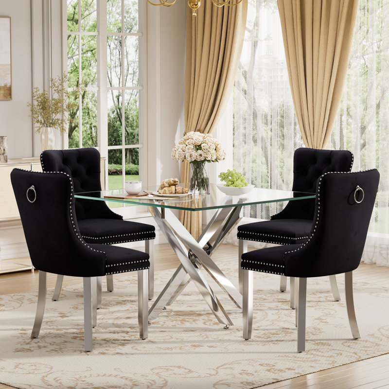 Ensemble de salle à manger à piédestal carré avec chaise capitonnée, 5 pièces: table, 4 chaises, Noir, noir, noir, noir