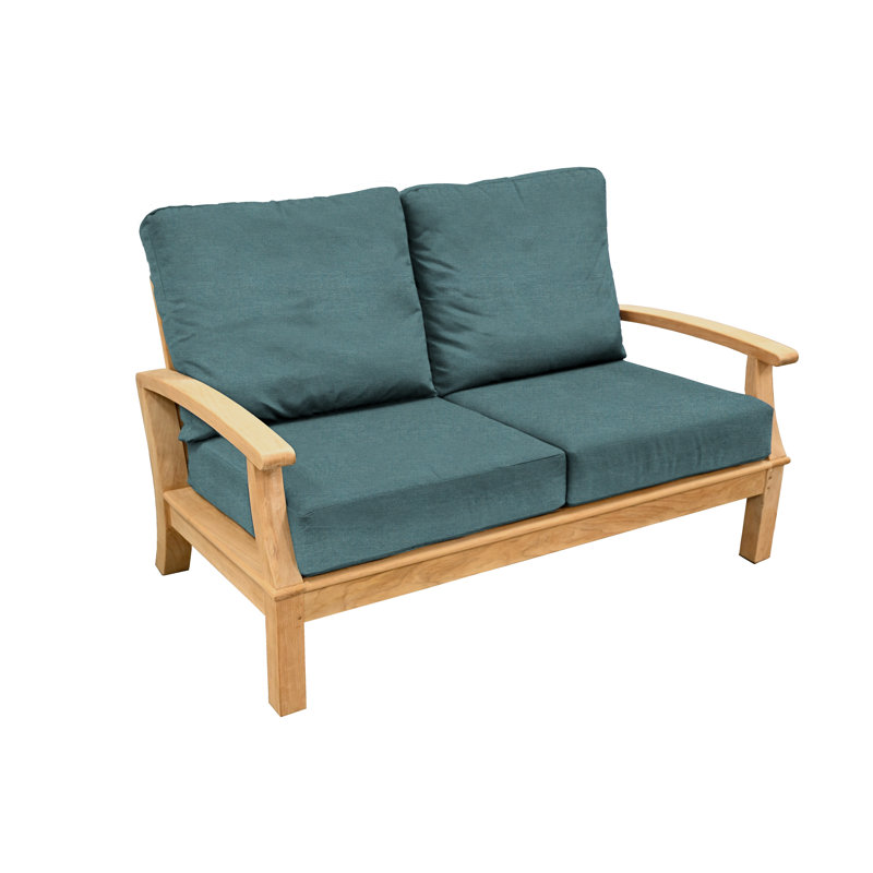 Monterey 57.5" Wide Outdoor Teak Loveseat 2 - Seater with Sunbrella Cushions, Cast Lagoon