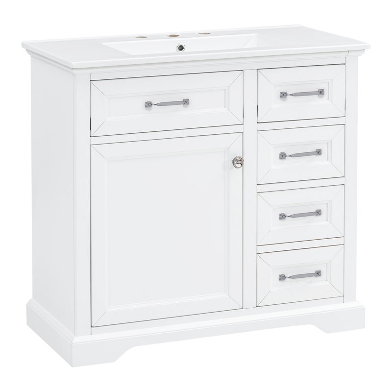 Meuble-lavabo de 36 po avec lavabo sous-comptoir en céramique, finition blanche, bois massif et 2 tiroirs rabattables, armoire de rangement ajustable, support imperméable, conception moderne, tablette, nettoyage facile