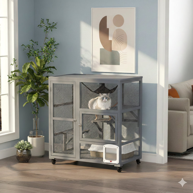 Indoor feline enclosure mounted on casters for mobility. Constructed from wood and featuring a cat flap door. Includes interior platforms, a hammock, and an openable top section. Suitable for up to two cats. Measures 39 inches.