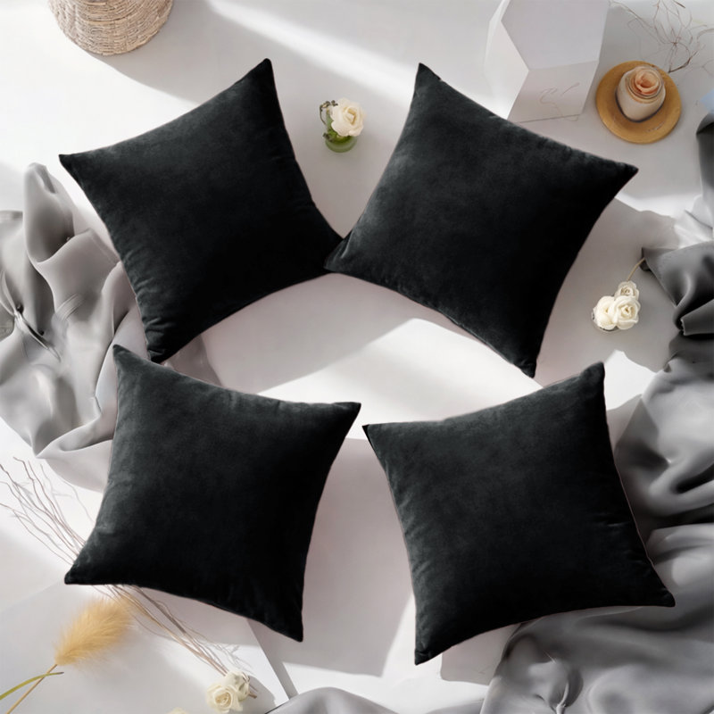 Crushed Velvet Cushion Cover Set (Set of 4), Black