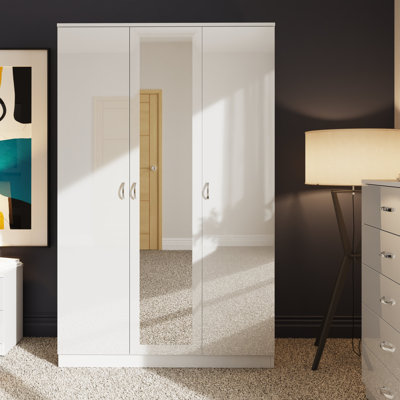 Brendle 3 Door Mirror Wardrobe - High Gloss Finish, Soft Close Doors, Full-Length Mirror, Polished Metal Handles