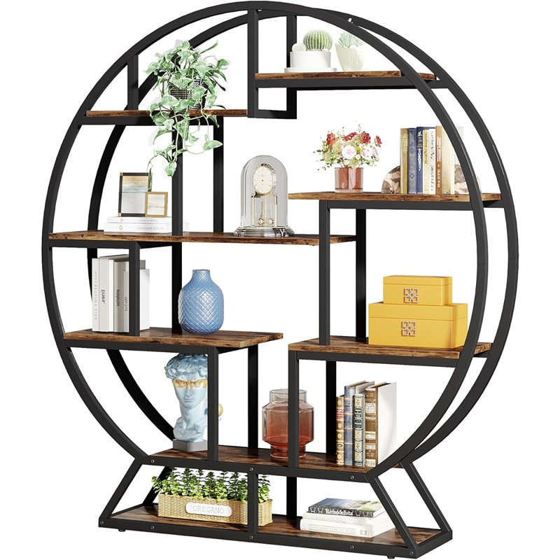 Bibliothèque industrielle ronde de 63 pouces - Étagère en bois avec tablettes décalées pour le salon ou le bureau à domicile