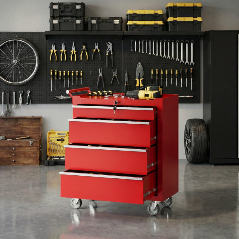 Coffre à outils roulant avec 4 tiroirs, armoire à outils portable verrouillable avec roues et tiroirs pour garage et atelier
