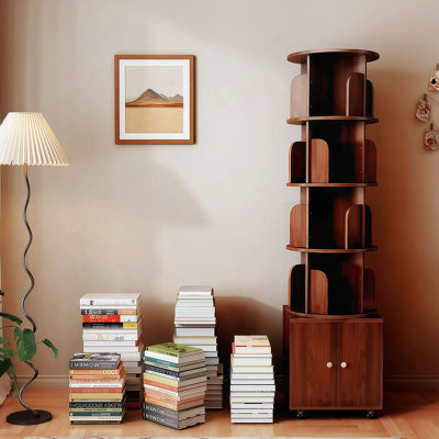 Bibliothèque rotative, bibliothèque d'angle à 5 niveaux à 360 degrés avec tiroir pour petit espace, étagère de rangement sur pied, étagère en bois étroite pour la chambre à coucher (WALNUT)