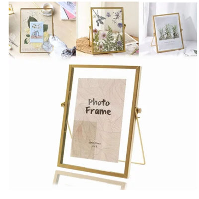 Photo Frame Display Transparent Glass Iron Support Tabletop Dried Flower for Home Decorations 6 Inches