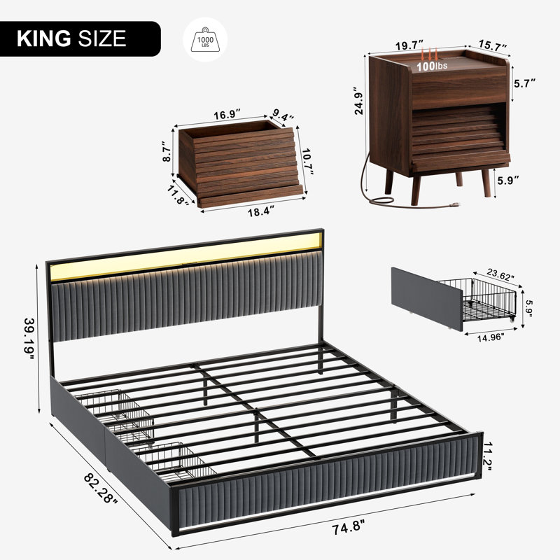 Ensemble de chambre à coucher 3 pièces Grise, lit tapissier avec 2 tiroirs et 2 tables de chevet inclinées, Gris/noyer