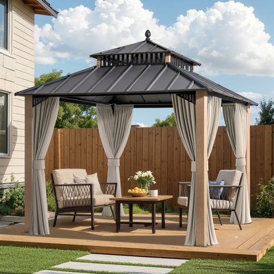 SUNJOY Kingston 10x10 Gazebo with Metal Roof, Curtain, and Netting - Woodgrain Aluminum Posts