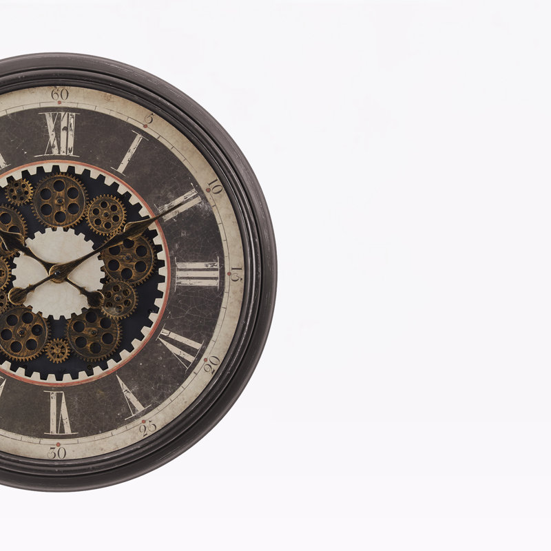 Dilara Round Gear Mechanism Wall Clock in Brown, Transitional Style