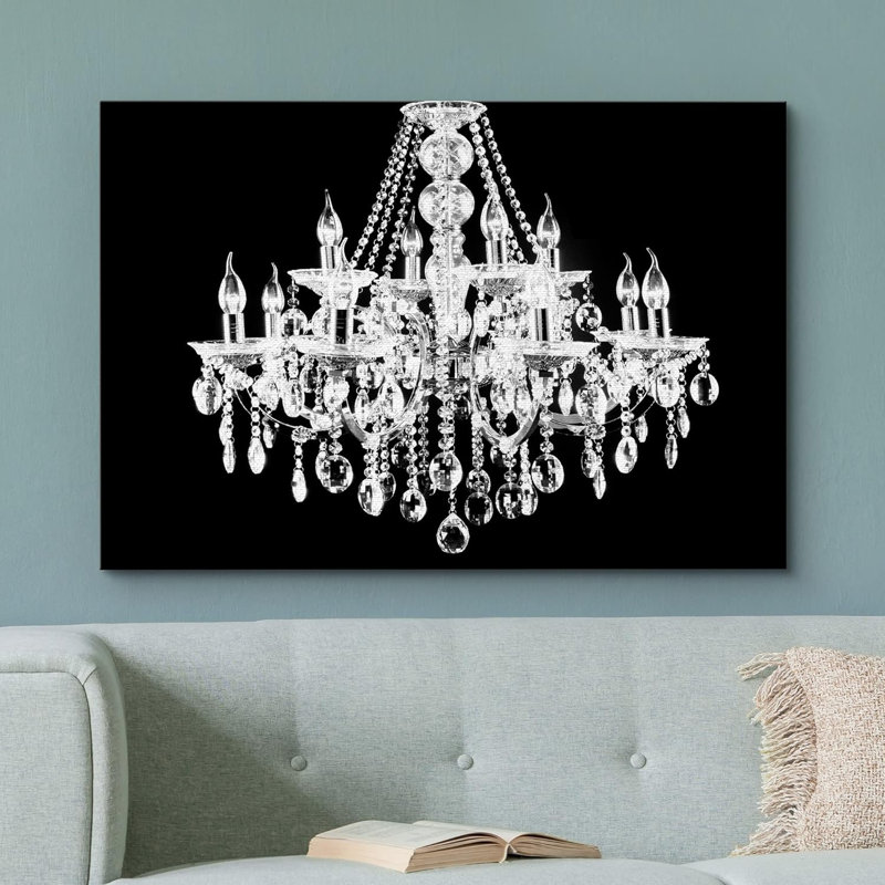 «Glam Crystal Chandelier Silhouette» sur toile de fond abstraite, reproduction d'art sur toile, H 32 po x l 48 po x 1,5 po