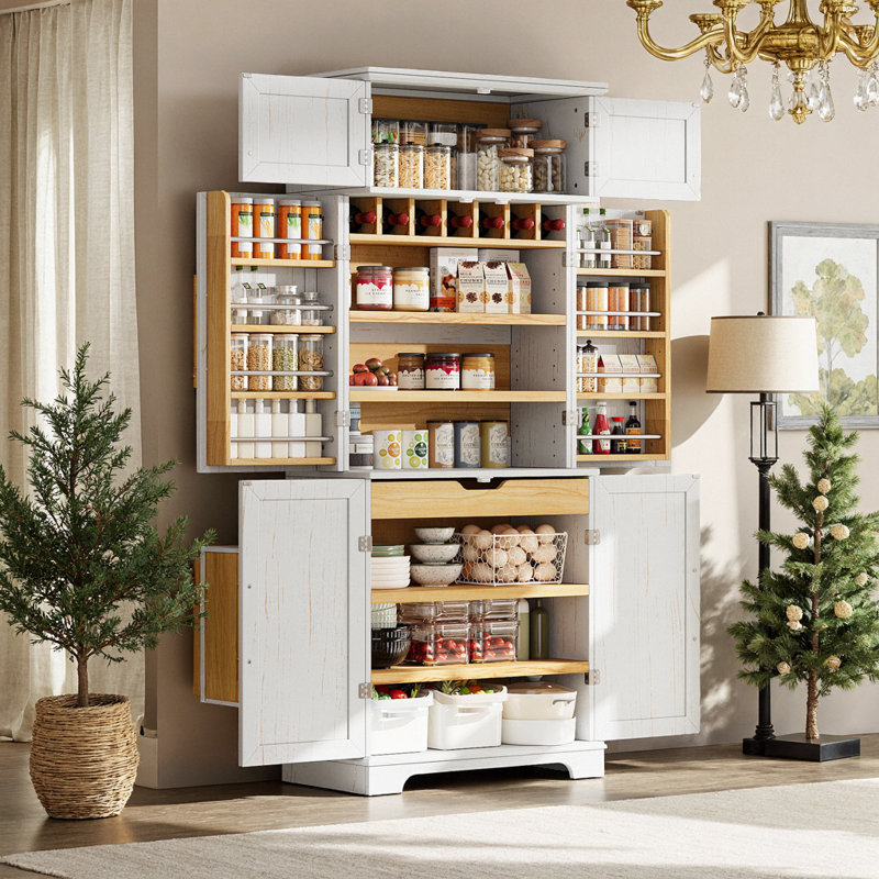 Armoire de cuisine de 78,2 po avec 8 tablettes et porte-bouteilles Farmhouse, Blanc