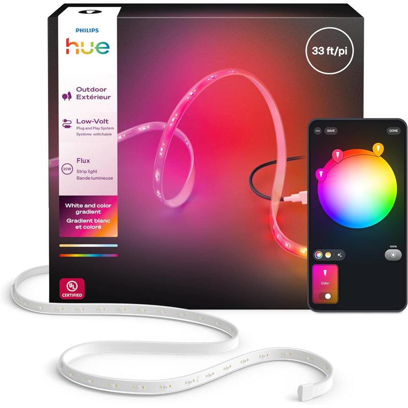 Philips Hue Flux Outdoor Multicolor Lightstrip 33ft - Vibrant Color and Ambiance, 33ft