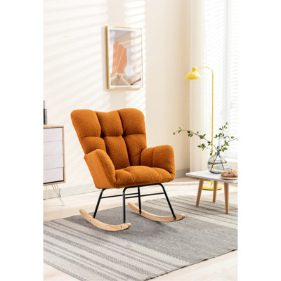Fauteuil oscillant à dossier solide en tissu avec rembourrage en mousse et structure en bois d'eucalyptus pour les espaces intérieurs de salon de chambre à coucher, capacité de 250 lb, installation moderne en douceur avec tissu,