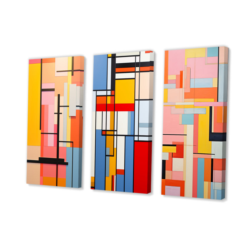 De Stijl, ensemble de 3 reproductions d'art sur toile pastel, H 28 po x l 36 po, Toile tendue