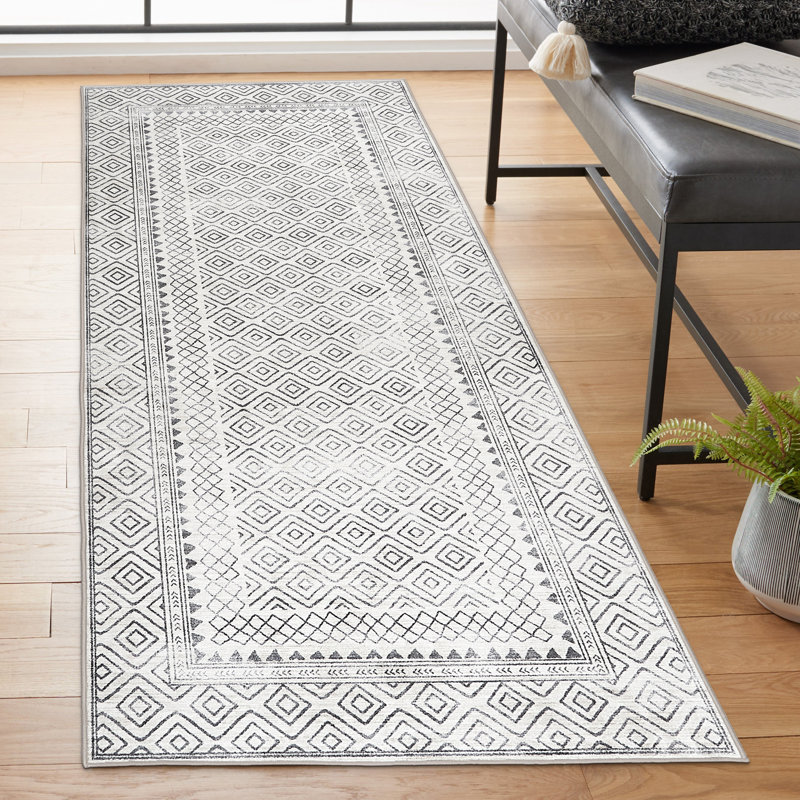 Aria Geometric Neutral Ivory Machine Washable Area Rug, Runner 2'6" x 6'