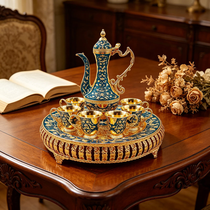 Ensemble de tasse à café turque et théière avec théière en métal, 6 tasses, plateau et service à thé pour la décoration de table, accessoire de flasque, bleu et or