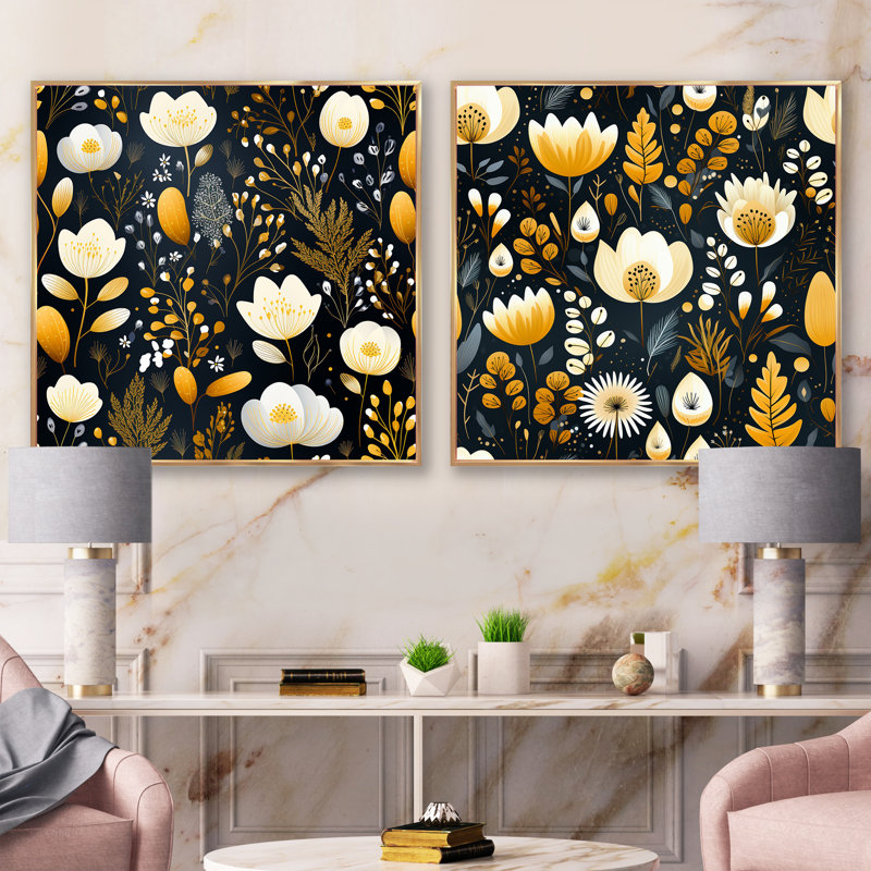 Ensemble de 2 collages artistiques carrés à motif floral Artistic Essence, Cadre flottant doré, H 30 po x l 61 po