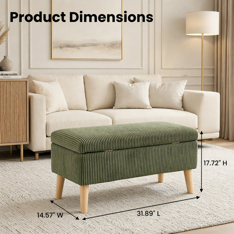 Banc de rangement en velours côtelé beige 32 pouces de large avec pieds en bois, boîte de rangement rabattable, Green