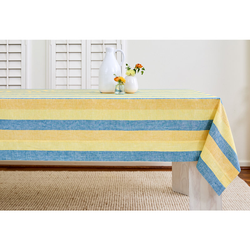 Cabana Stripe - 100% Pure Linen Tablecloth, Bright Summer Stripe, 132" x 60"