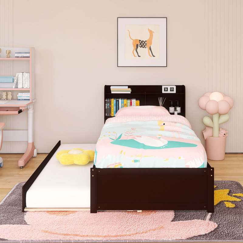 Wood Frame Twin Size Bed With Trundle,Bookcase, Espresso