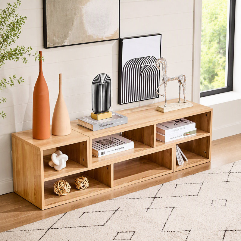 Meuble télé modulaire Freestyle, console multimédia réglable en bois clair avec compartiments de rangement ouverts, centre de divertissement minimaliste moderne, meuble télé à combinaison libre pour le salon