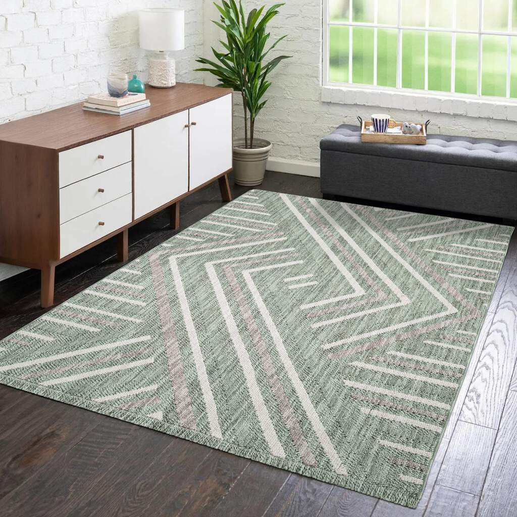 Teppich Lindo 7590 Kurzflor 3D-Optik Fransen Grün Geometrisch Boho-Stil Wohnzimmer Houser