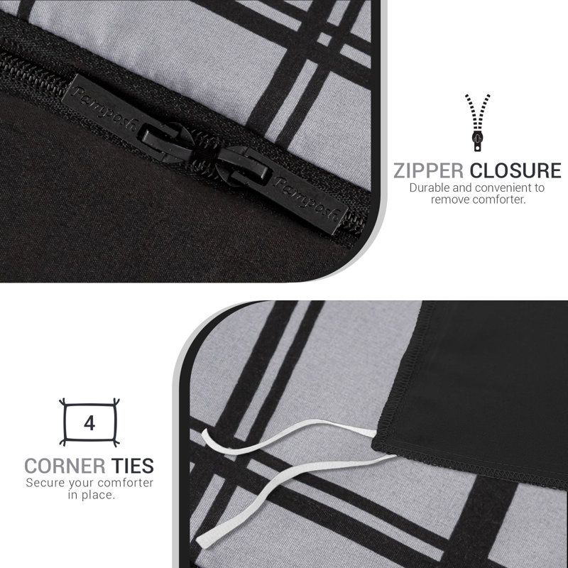Soft Touch Reversible Duvet Cover Set with Secure Zipper & Corner Ties, King Duvet Cover + 2 Standard Pillowcases, Grey