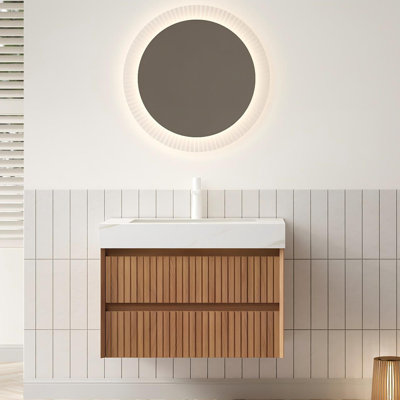Meuble-lavabo mural de 30 po avec plateau en pierre frittée Calacatta Gold, tiroirs à rayures en bois massif et lavabo encastré, armoire de contreplaqué espresso pré-assemblée