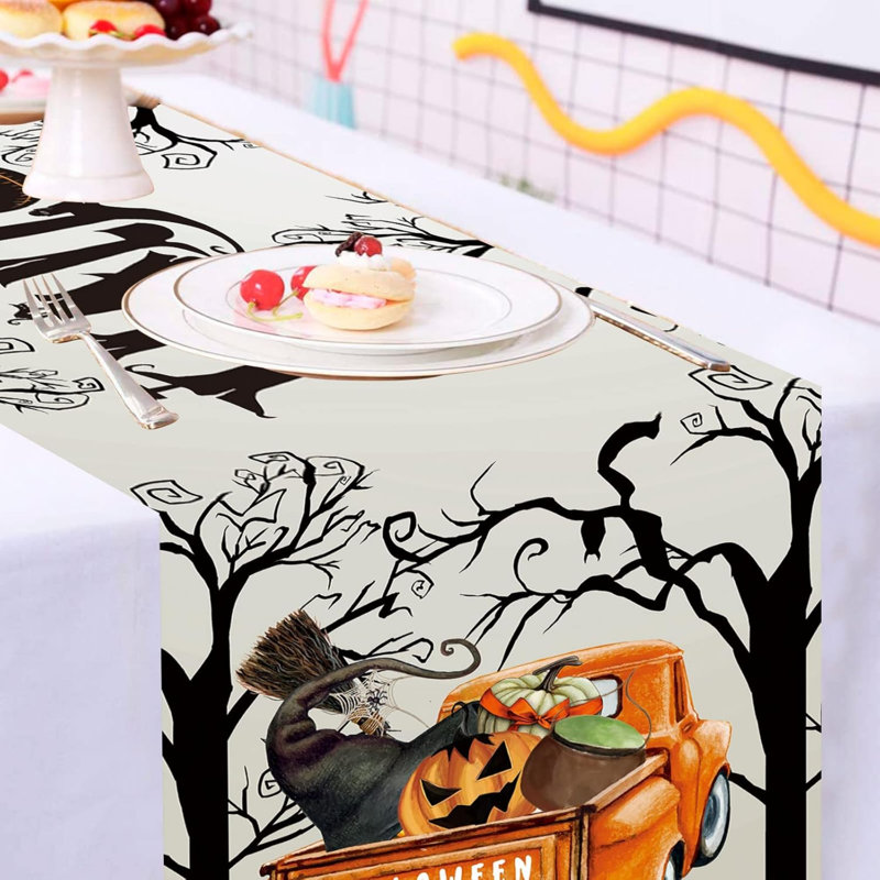 Happy Halloween Table Runner, 13 x 72 Inch Grey Woods & Truck Table Runner, Seasonal Fall Holiday Kitchen Dining Polyester Table Line for Home Party Decor