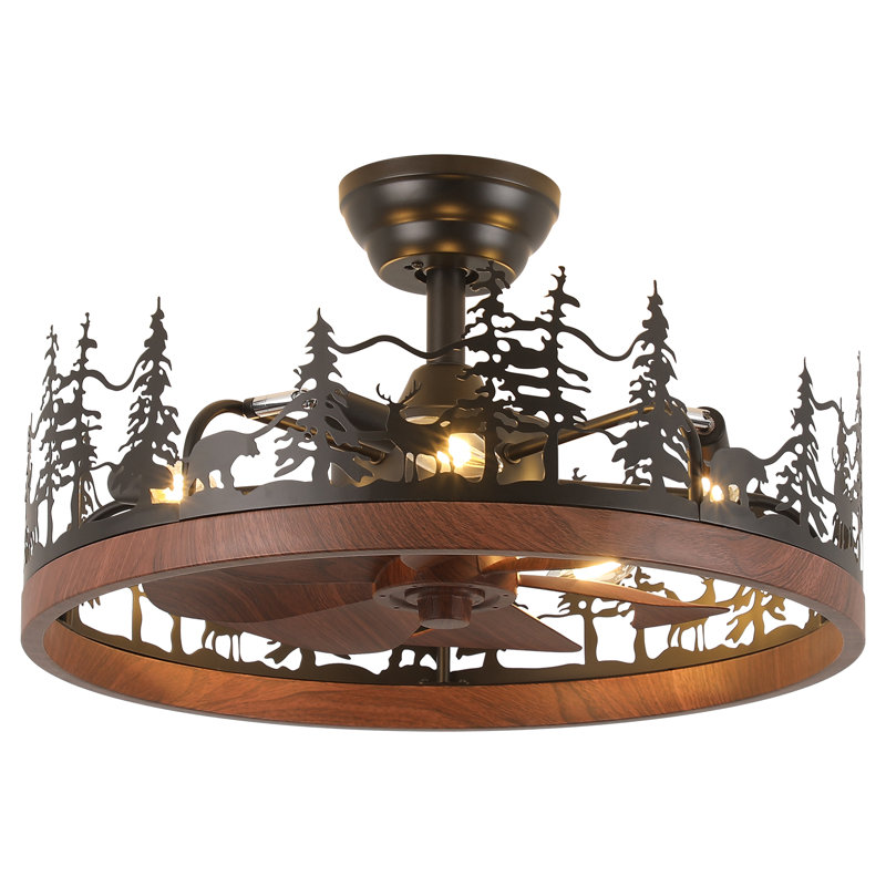 21.65" Wagon Wheel Ceiling Fan Light With Remote And Reversible Blades, 21.65" Wide, Walnut/Walnut