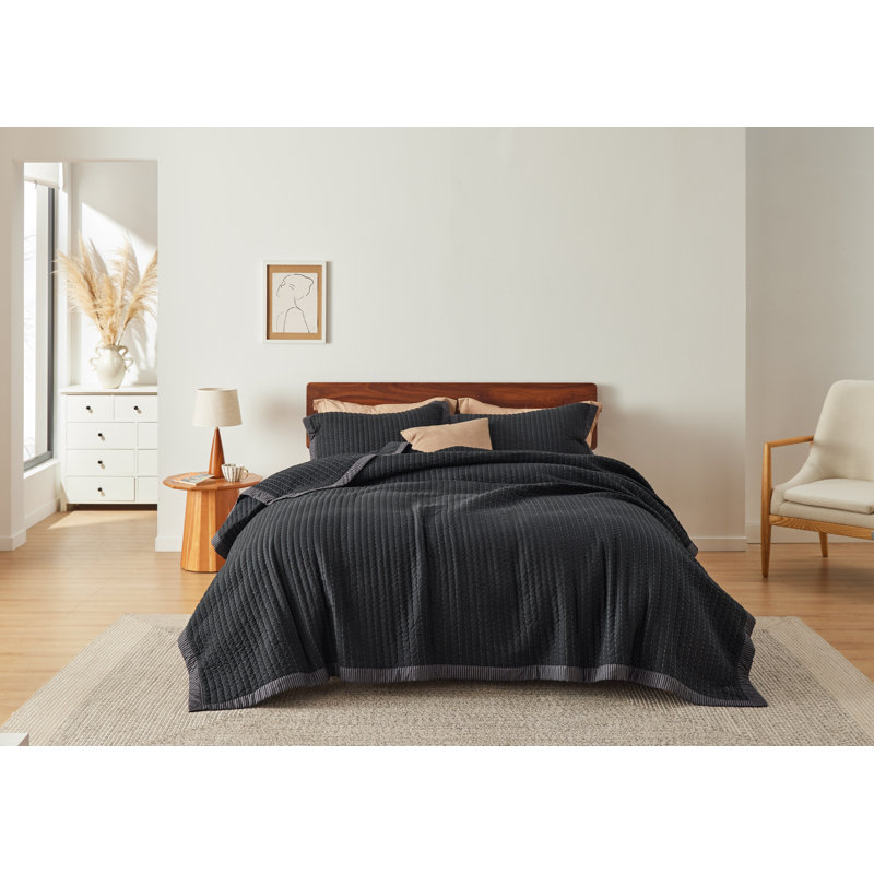 Ensemble de literie courtepointe légère et légère, Velours côtelé noir, Queen Quilt + 2 Standard Pillow Sham
