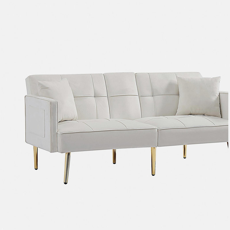Canapé-lit futon crème en velours blanc avec pieds en métal doré