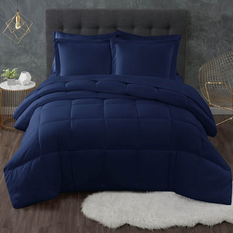 Truly Calm Antimicrobial Box Stitch Comforter Set, King Comforter + 2 Shams, Navy