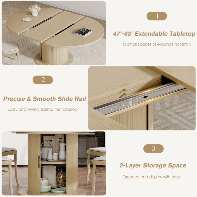Table de salle à manger extensible de 47 à 63 po pour 4 à 8 personnes, table de salle à manger ovale avec rangement, table de salle à manger à piédestal moderne de style Mid-Century, chêne naturel