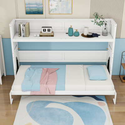 Twin XL Wooden Murphy Bed with LED Light and USB Charging