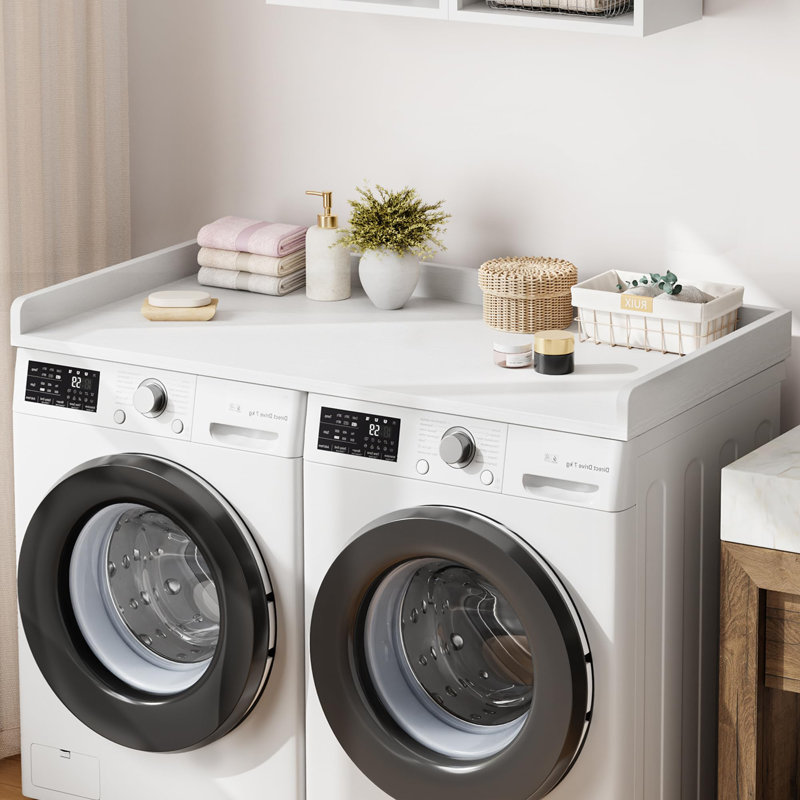 Washer Dryer Countertop, 54.3" x 27.6" Wooden Laundry Countertop with Edge Rails, Washer and Dryer Topper for Laundry Room Organization and Storage-White